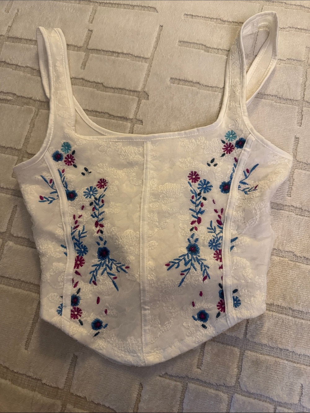 White Embroidered Floral Corseted Crop Top - Women's XS